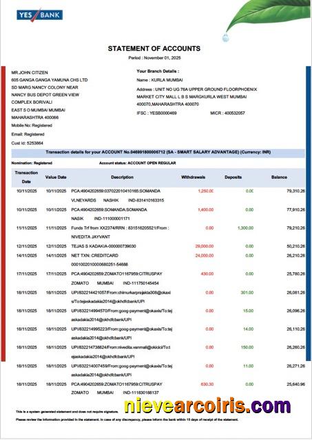 India YES Bank statement of account Word and PDF